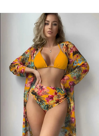 Tropical Floral Print 3-Piece High Waist Bikini and Kimono Set Aesthetic