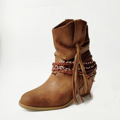 Retro Ethnic Western Cowboy Style Round Toe Block Heel Tassel Boots