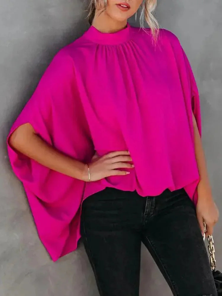 Short Batwing Sleeve Plaid Casual Women Chiffon Blouse Top