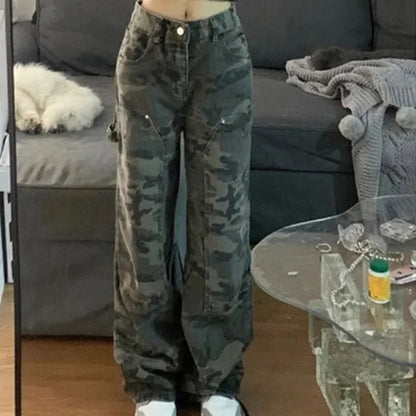Casual High Waist Straight Leg Camouflage Pants For Women