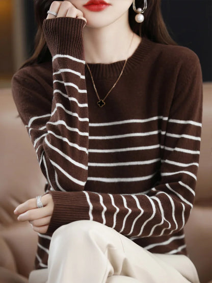 Loose Style Bold Striped O Neck Women Sweaters