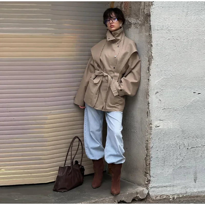 Cotton Khaki Long Turn Down Collar Belted Women Trench Coat