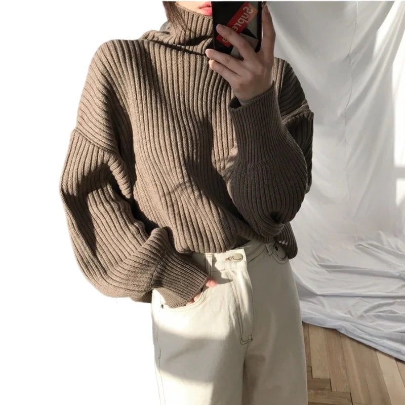 Autumn Winter Elegant Contrast Turtleneck Sweater Womens Loose Fit Long Sleeve Knitted Pullover Top