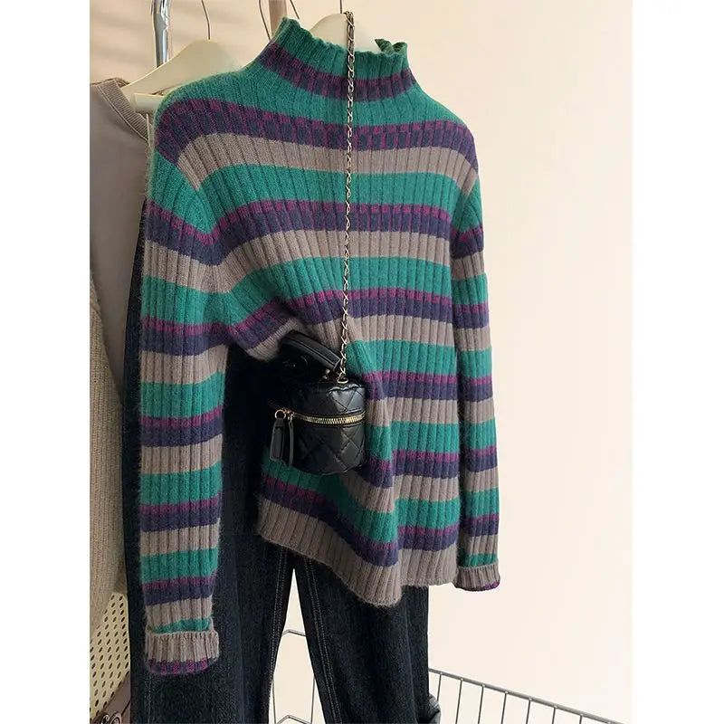 Oversized Sweater Striped Turtleneck Knit Pullover