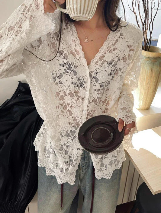 Vintage White Lace Blouse Korean Buttoned Elegance For Women