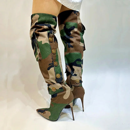 Designer Camouflage Themed Knee Length High Heel Boots