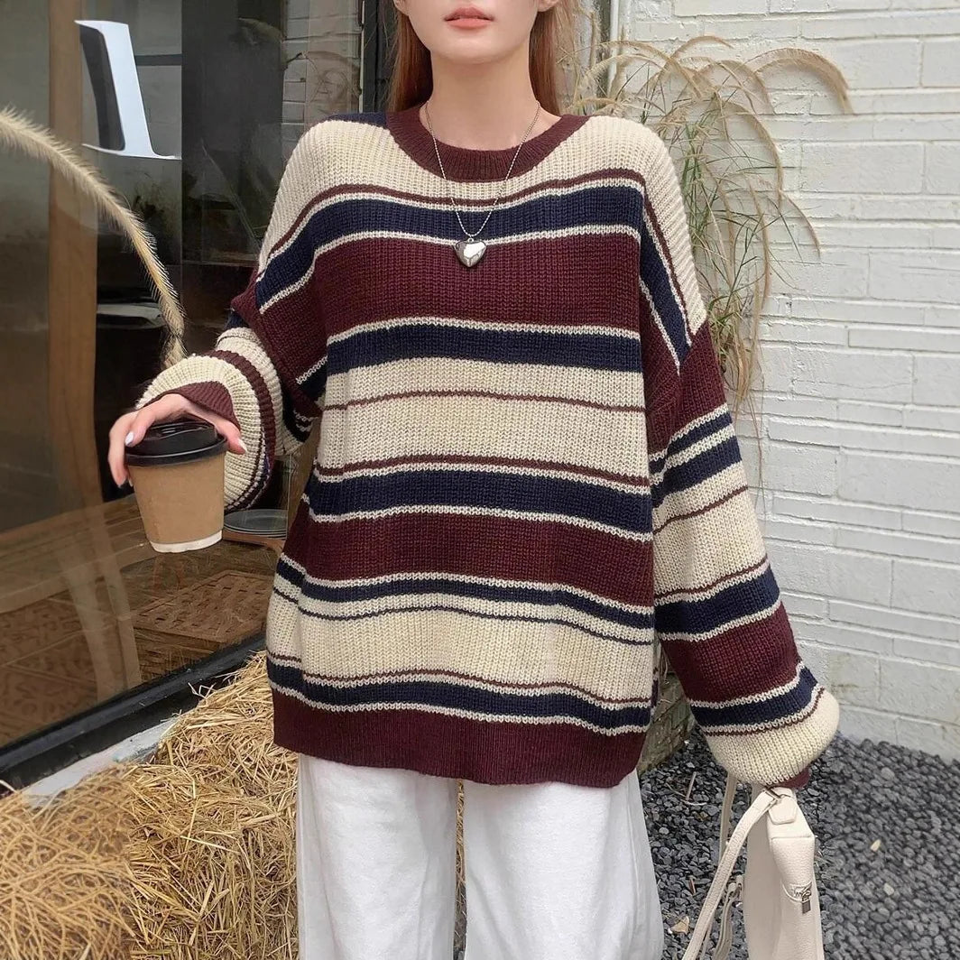 Womens Color Block Striped Loose Fit Winter Sweater