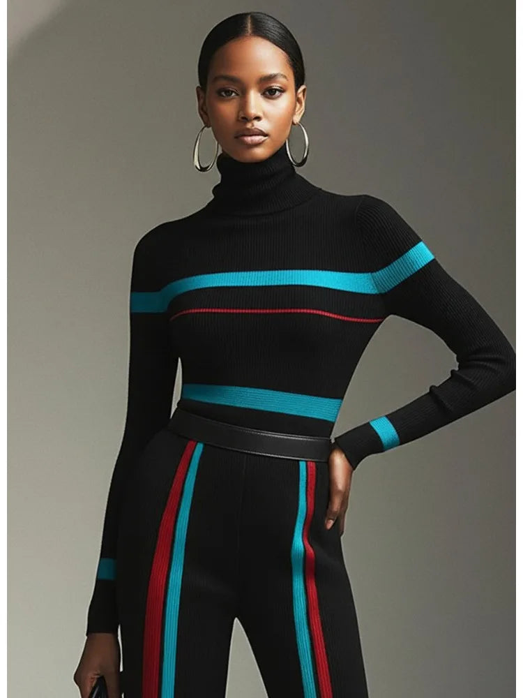 Women Turtleneck Stretch Striped Sweaters