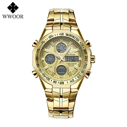 Mens Dual Rich Display Stainless Steel Golden Class Watches