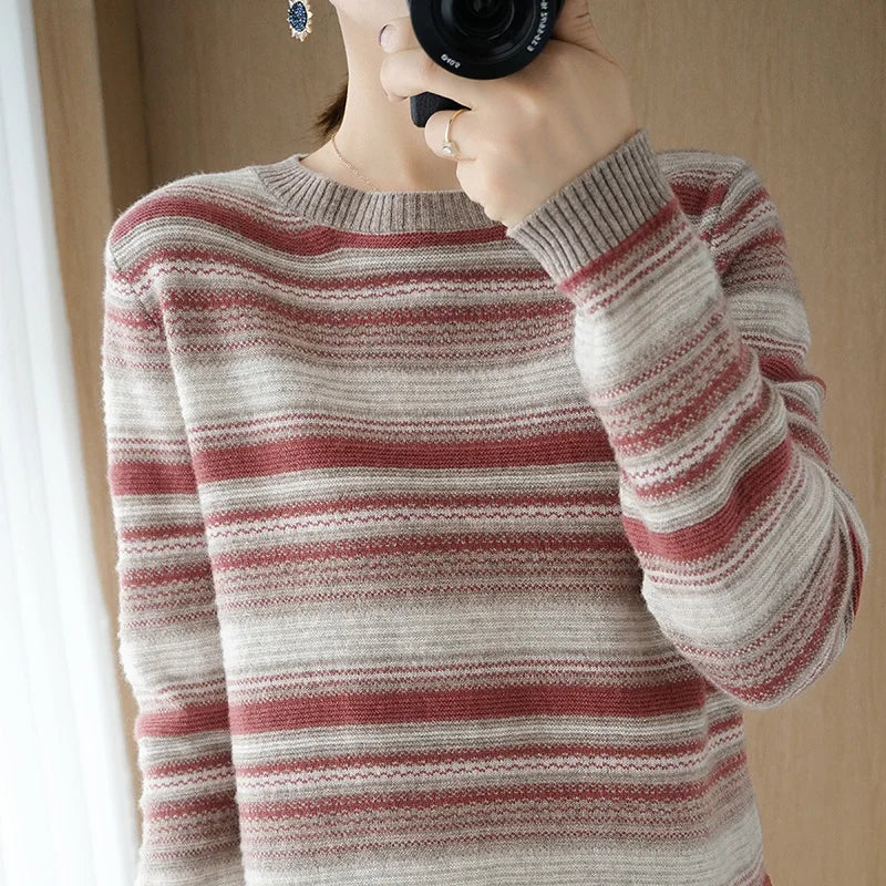 2024 Autumn Winter Womens Striped O Neck Sweater O Neck Long Sleeves Oversized Fit