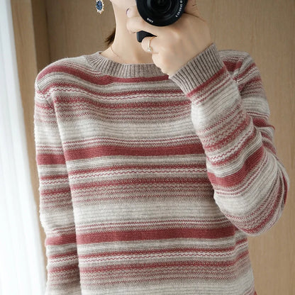 2024 Autumn Winter Womens Striped O Neck Sweater O Neck Long Sleeves Oversized Fit