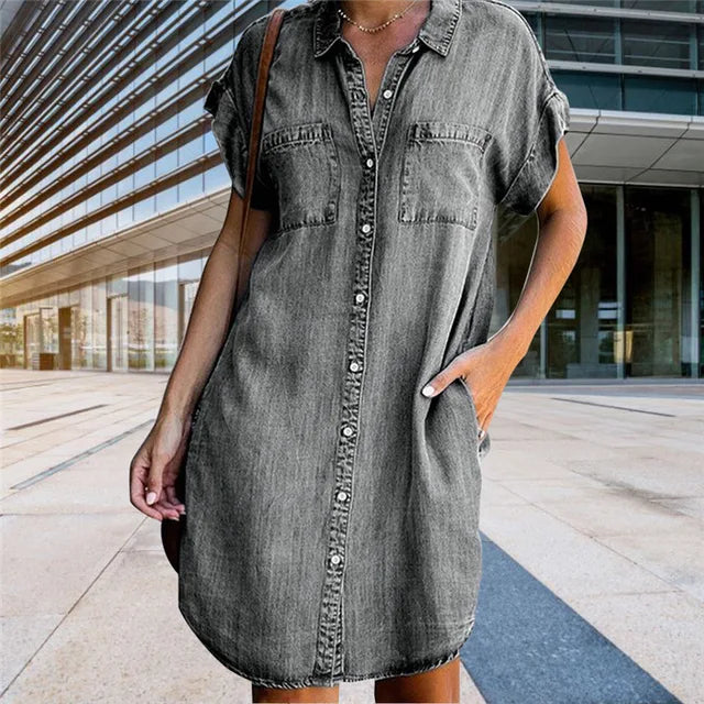 Women Summer Style Distressed Button Down Denim Shirt Dresses