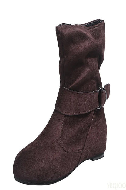 Brown wedge ankle boot with a buckle on a white background