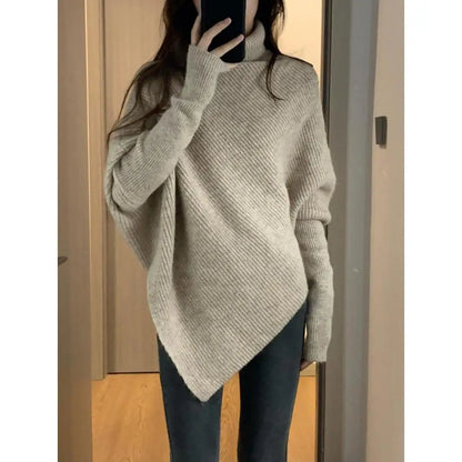 2025 Women S Turtleneck Sweater New Autumn Winter Side Slit Pullover Top Korean Fashion Knit Sweater With Long Flare Sleeves