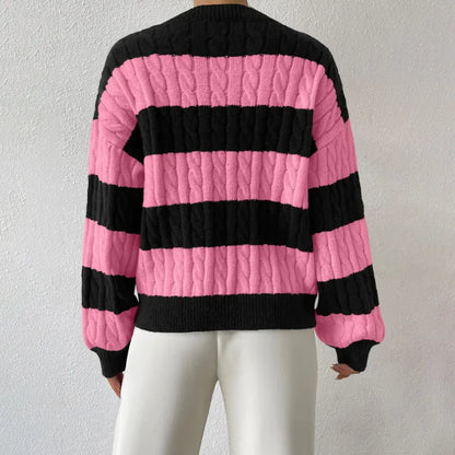 2025 Womens Stripe Knitted Sweater Long Sleeve V Neck Cropped Top Loose Fit Spring Versatile Warm Knit