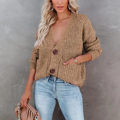 New Autumn Women's Knitted Top Cardigan Sweater Jacket, Casual Solid Color Button Style, Casual Clothing