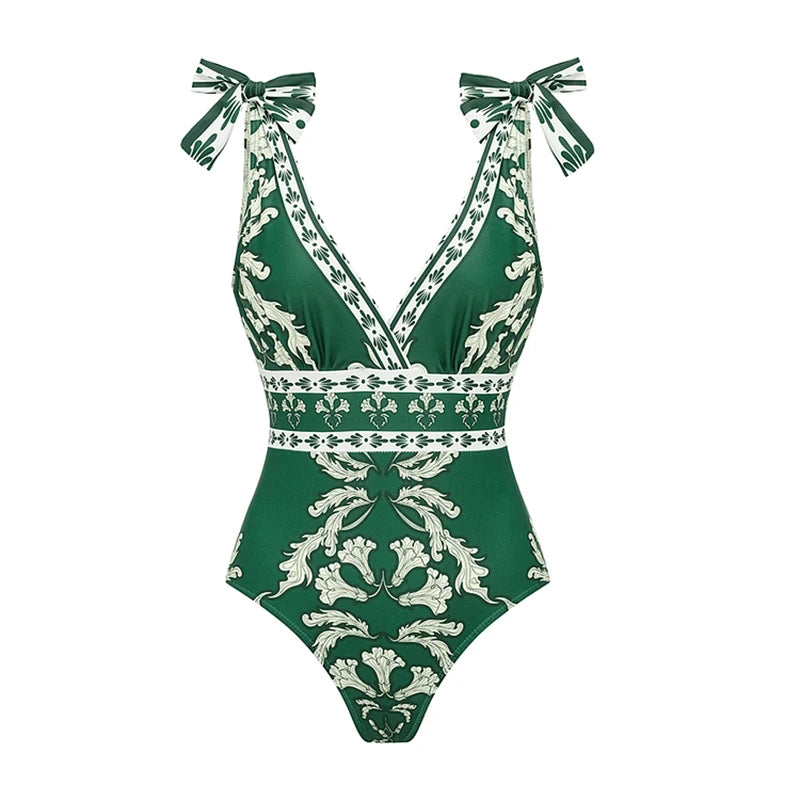 Coastal Mediterranean Aesthetic - Elegant Blue Floral One-Piece Swimsuit