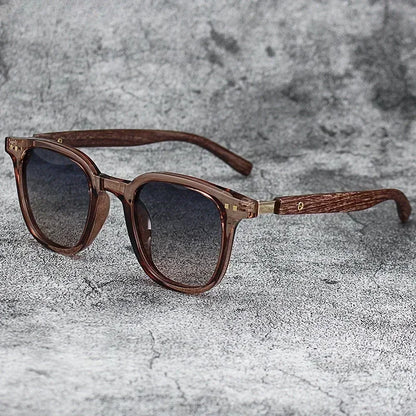 Nature Meets Tech: Matte Grey Sunglasses with Textured Wooden Temples