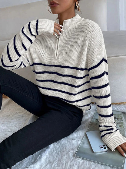 Womens Zipper V Neck Striped Pattern Autumn Winter Sweater