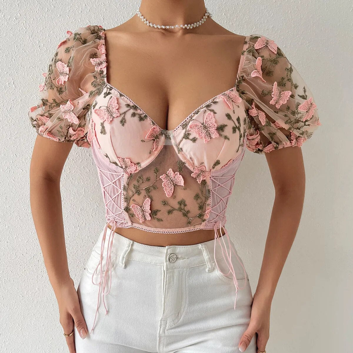 Butterfly Embroidery Puff Sleeve Top: Sexy V-Neck Cropped Blouse for Summer