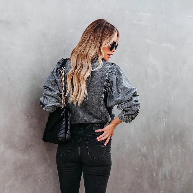 Refined Casual: Lace-Up Denim Three-Quarter Sleeve Cropped Blouse
