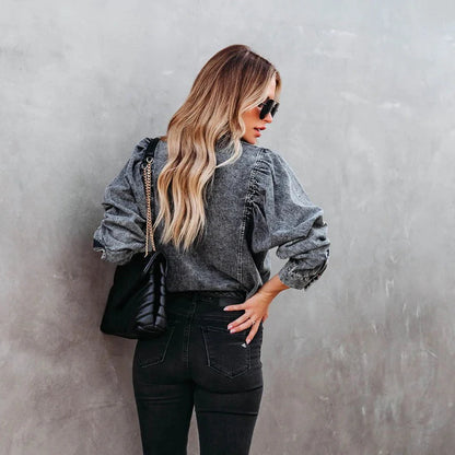 Refined Casual: Lace-Up Denim Three-Quarter Sleeve Cropped Blouse