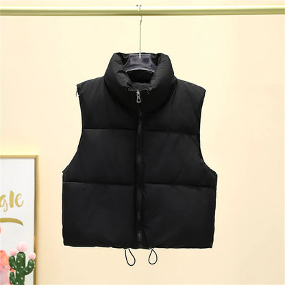 Fall Winter Womens Fashion Cropped Vest Coat Black Stand Collar Zipper Waistcoat Stylish Casual Outerwear For Ladies