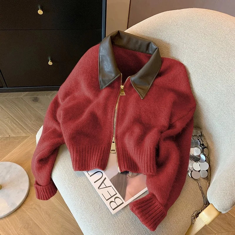 Spliced Leather Collar Knit Sweater Fashion Double Zipper Cardigan For Women Autumn Winter New Soft Vintage Long Sleeve Streetwear