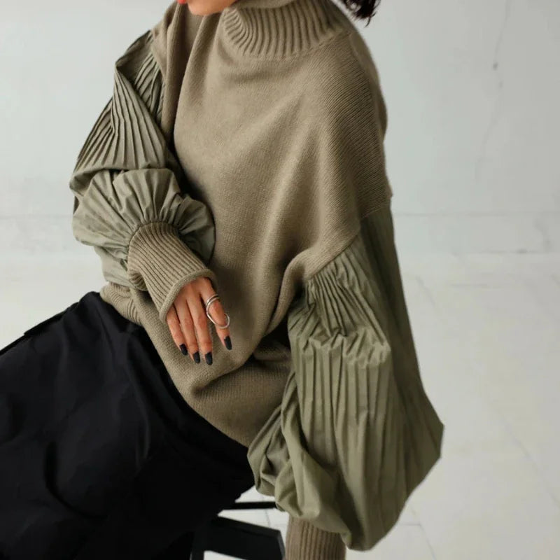 Lantern Sleeve Autumn Knitted Pullover Sweater For Women Patchwork Turtleneck Pleated Lazy Oaf Loose Top Jacket