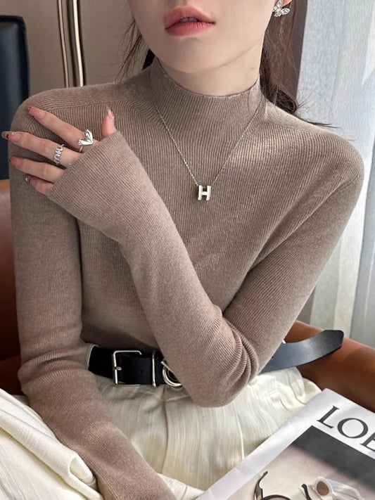 New Autumn Winter Womens Half Turtleneck Sweater Solid Color Glove Head Side Slit Knit Fashion Trend Commuter Sweater