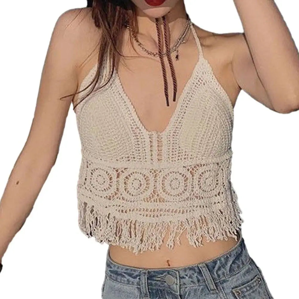 2025 Handmade Knit Crochet Crop Top Sexy Halter Camisole Push Up Beach Tank For Women Yoga Wear