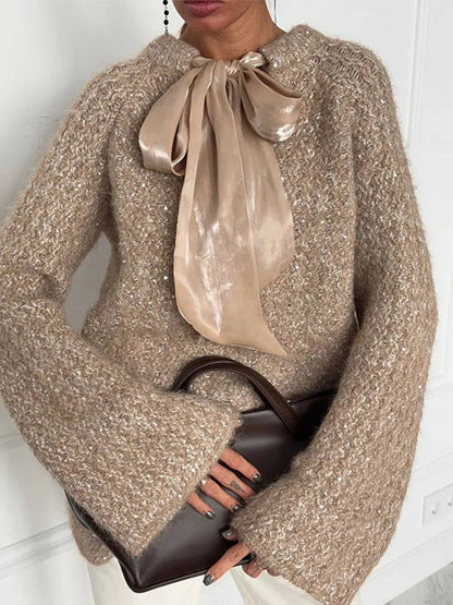 Chic Oversized Bow Knit Sweater For Women Loose V Neck Pullover With Flare Sleeves Autumn Winter Casual Lady Sweater