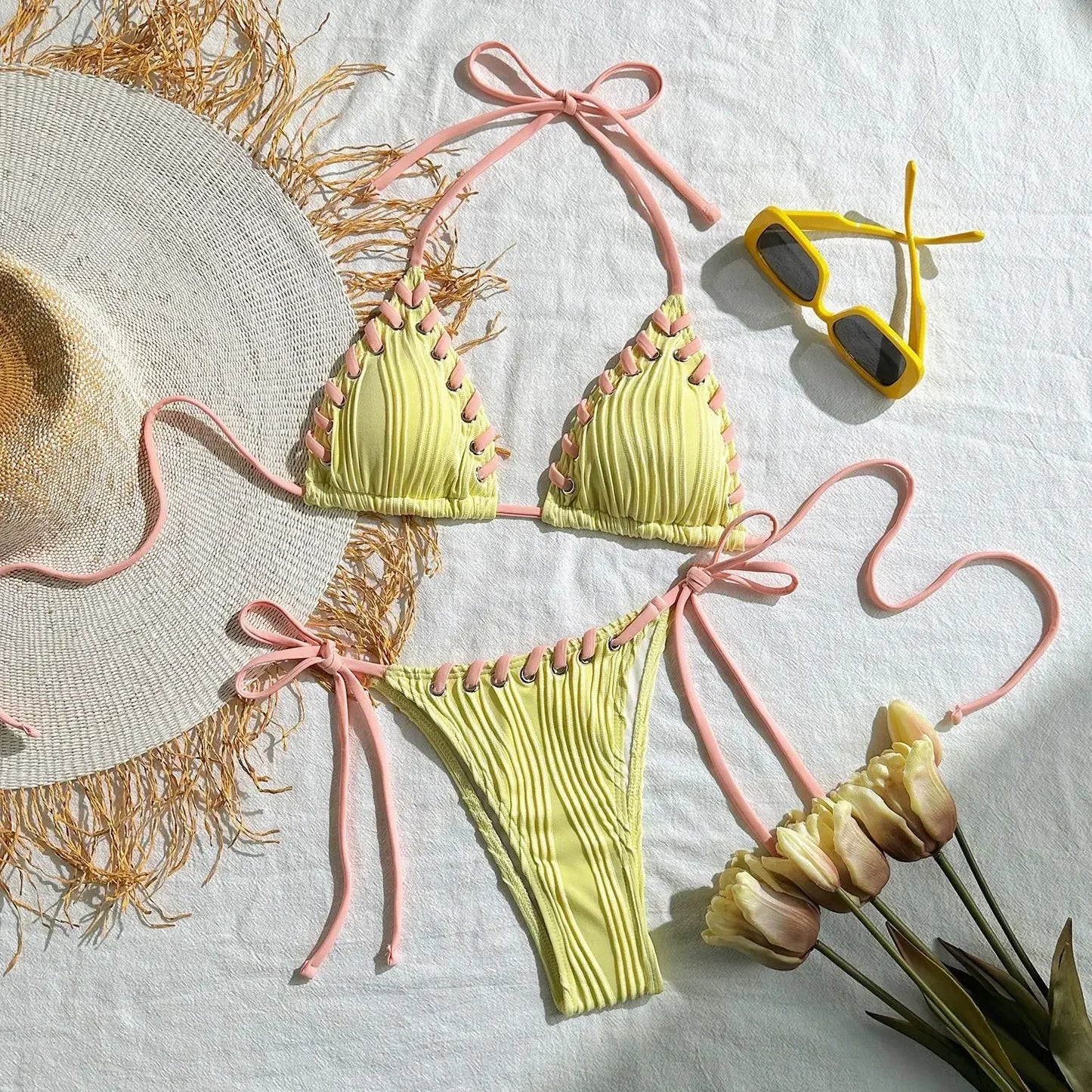 Wrinkled Weave Edge Two Piece Halter Bikini