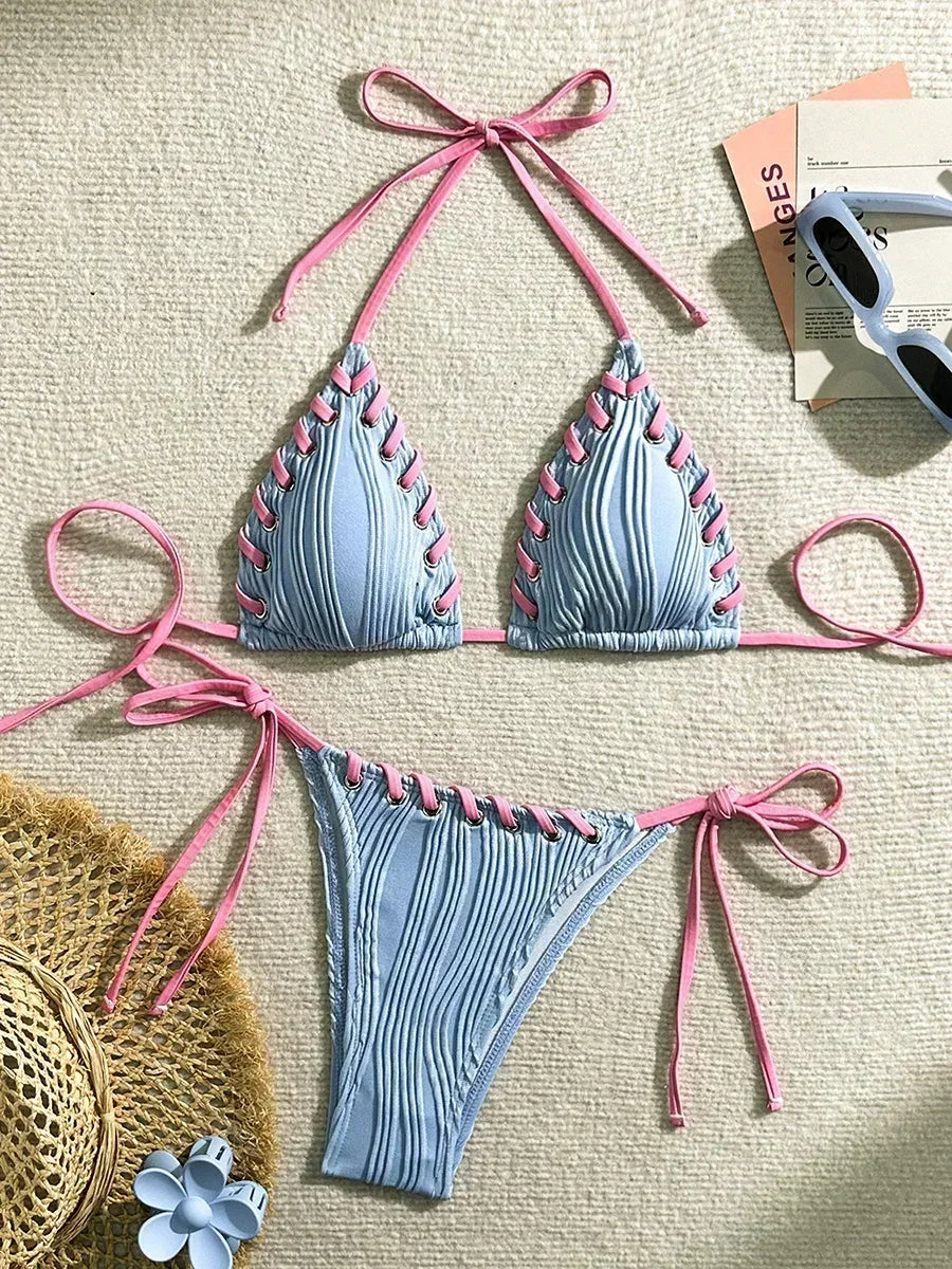 Wrinkled Weave Edge Two Piece Halter Bikini