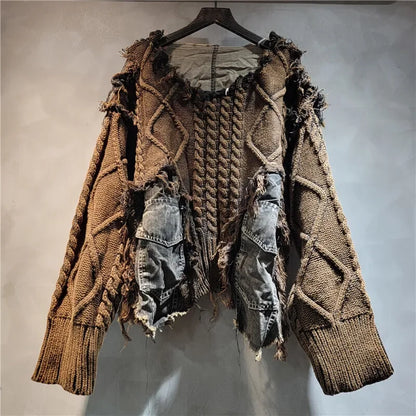 Womens Knitted Denim Patchwork Pullover Loose Casual Heart Sweater Vintage Streetwear Cozy Spring Autumn Fashion