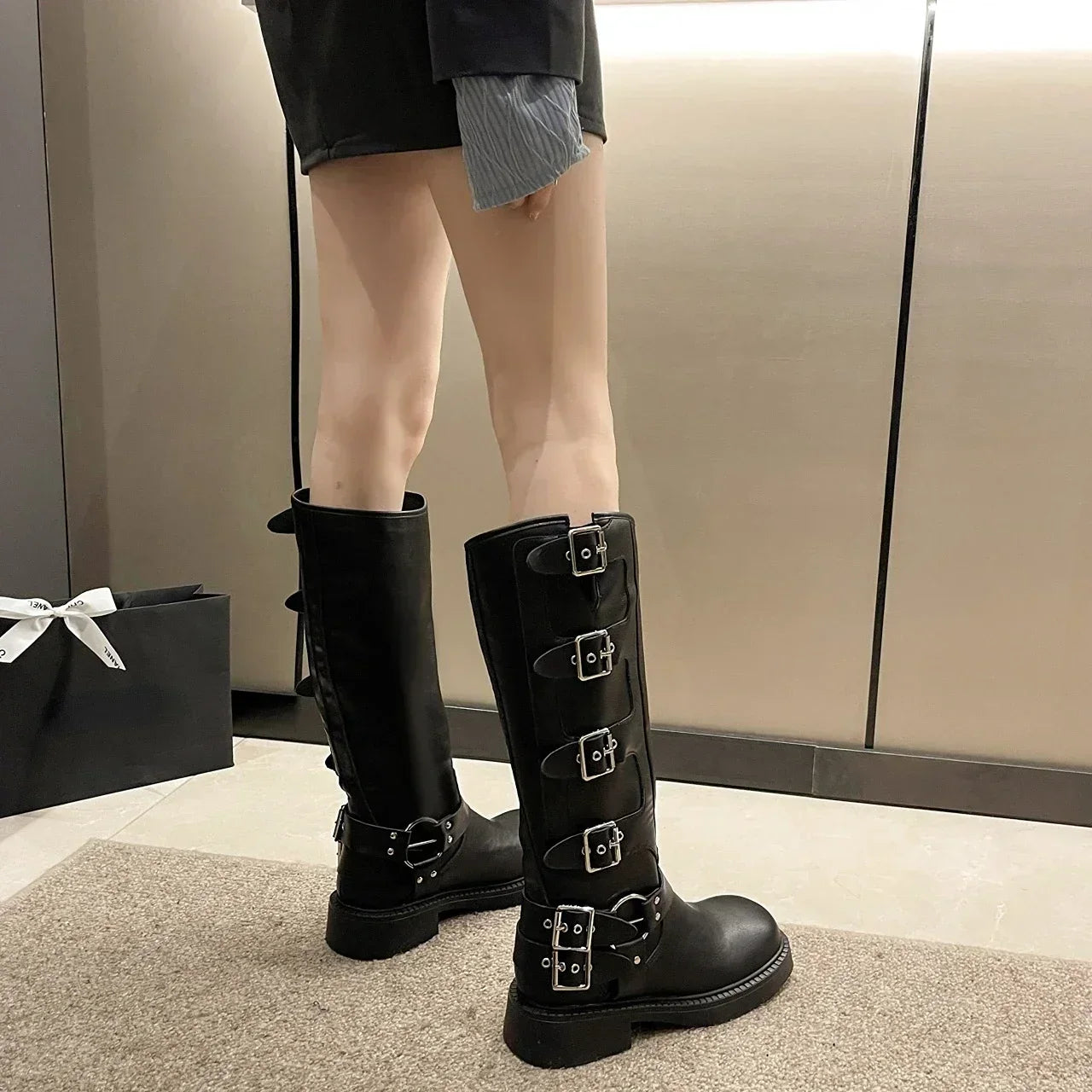 Women’s Knee-High Platform Motorcycle Boots – Low Square Heel Punk Gothic Rock Leather Shoes