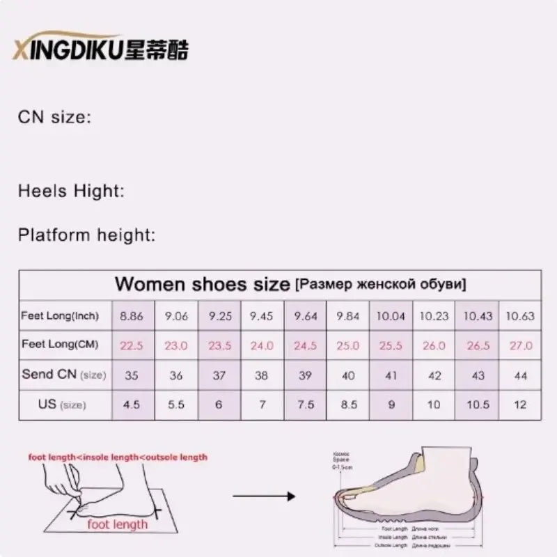 Size chart for women's shoes with heel height and platform height information, featuring the brand 'XINGDIKU'.
