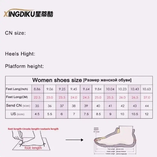 Size chart for women's shoes with heel height and platform height information, featuring the brand 'XINGDIKU'.
