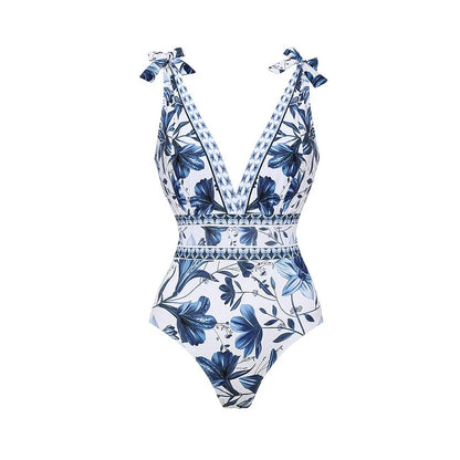 Coastal Mediterranean Aesthetic - Elegant Blue Floral One-Piece Swimsuit