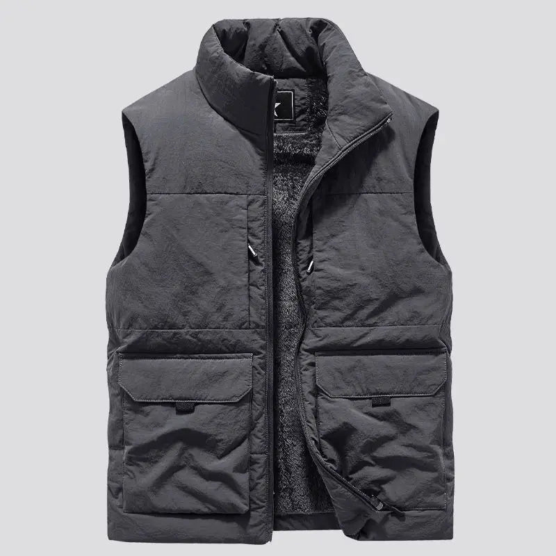 Mens Military Fleece Vest Multi Pocket Sleeveless Jacket For Winter Warmth In Black