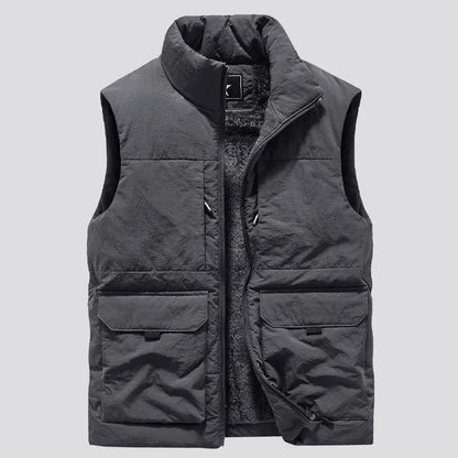 Mens Military Fleece Vest Multi Pocket Sleeveless Jacket For Winter Warmth In Black