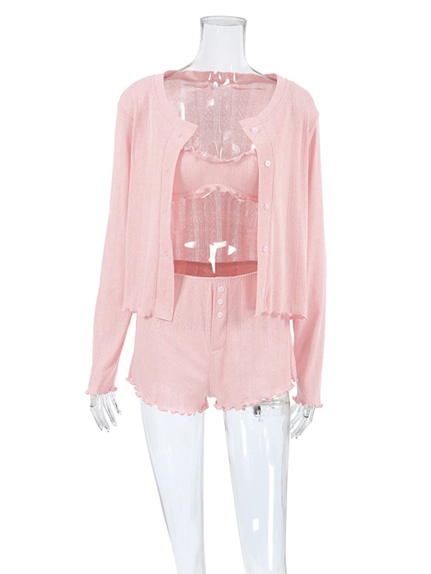 Womens 3 Piece Sleepwear Set O Neck Long Sleeve Nightie Tank Tops Shorts Pajamas For Cozy Nights