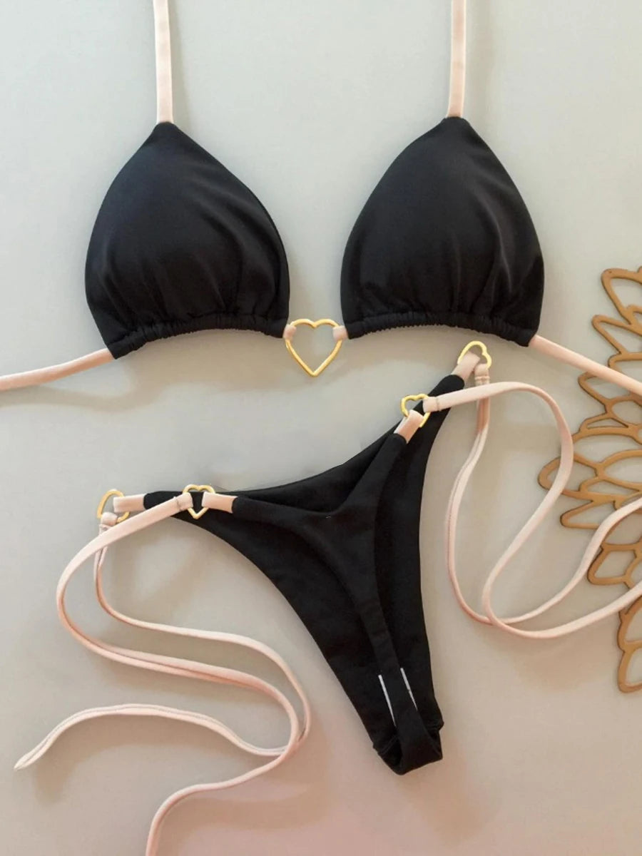Black Gold Heart Detail String Bikini Aesthetic