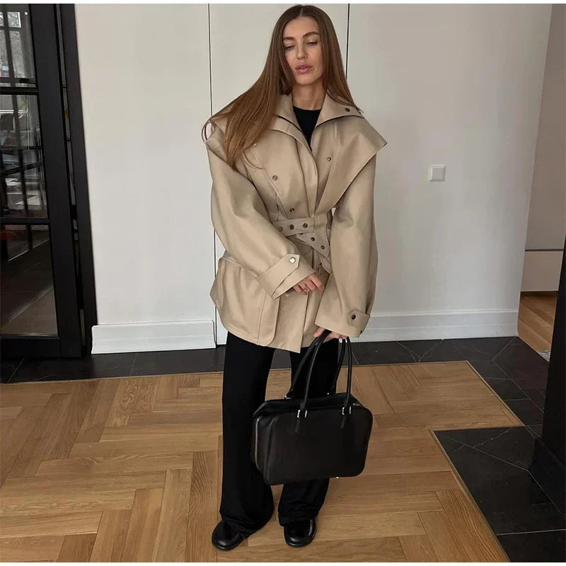 Cotton Khaki Long Turn Down Collar Belted Women Trench Coat