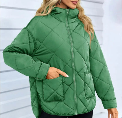 Autumn Winter European Style Womens Cotton Padded Coat Round Neck Loose Fit Solid Color Diamond Check Pattern Casual Outerwear