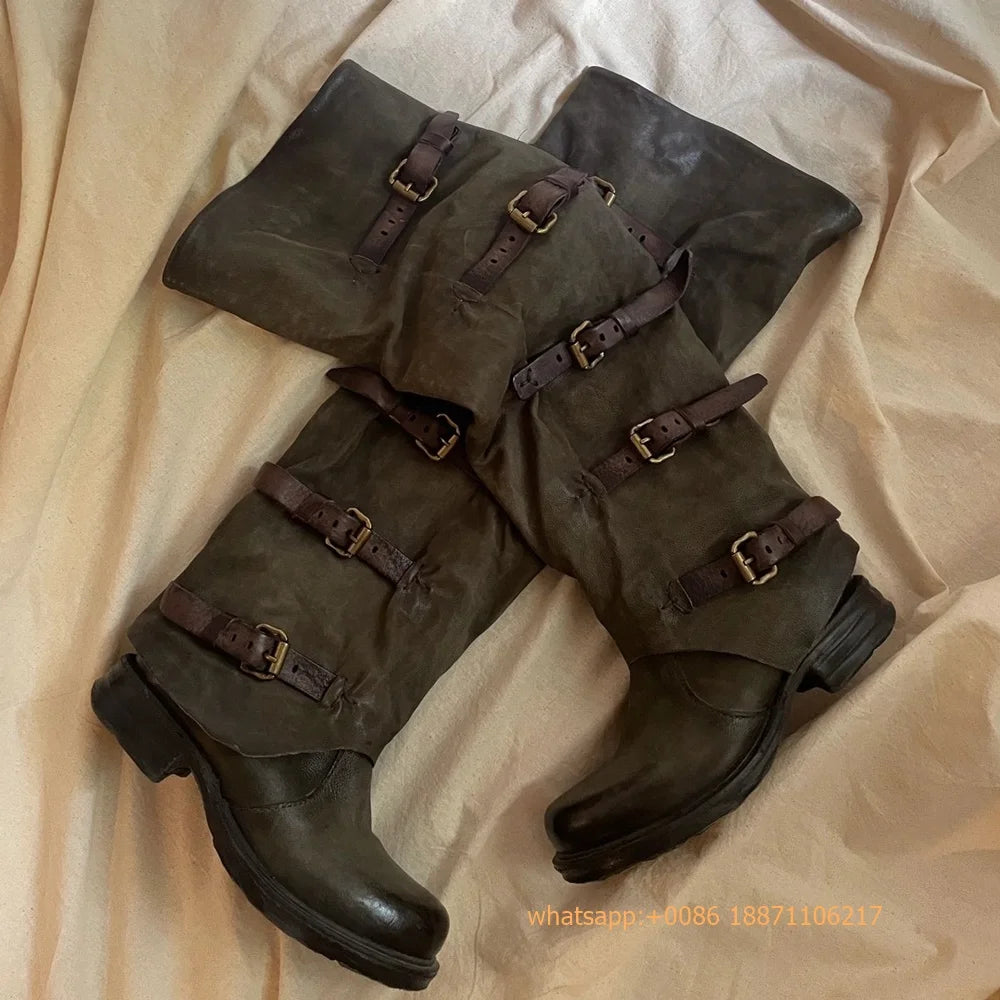 Womens Large Mid Length Retro Boots Buckle Casual Knight Boots For Autumn Winter 2025