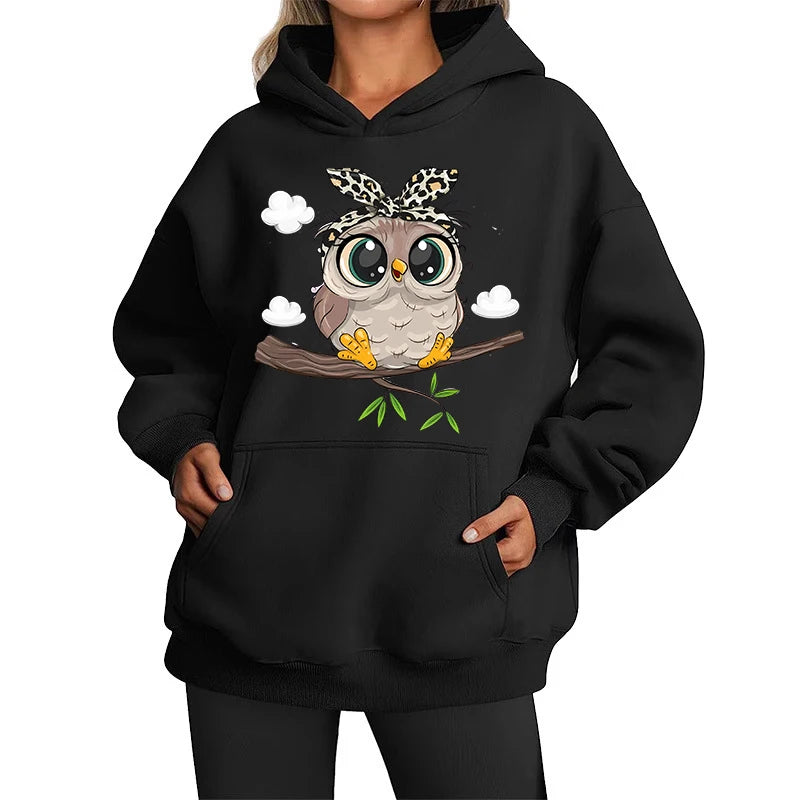 Cozy Casual Days: Cute Owl Graphic Oversized Hoodie