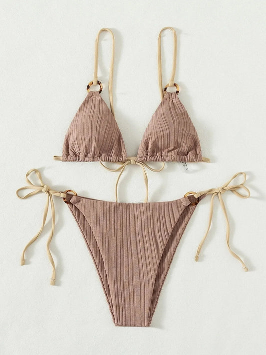 Muted Mauve Ribbed Tortoise Link Bikini Aesthetic