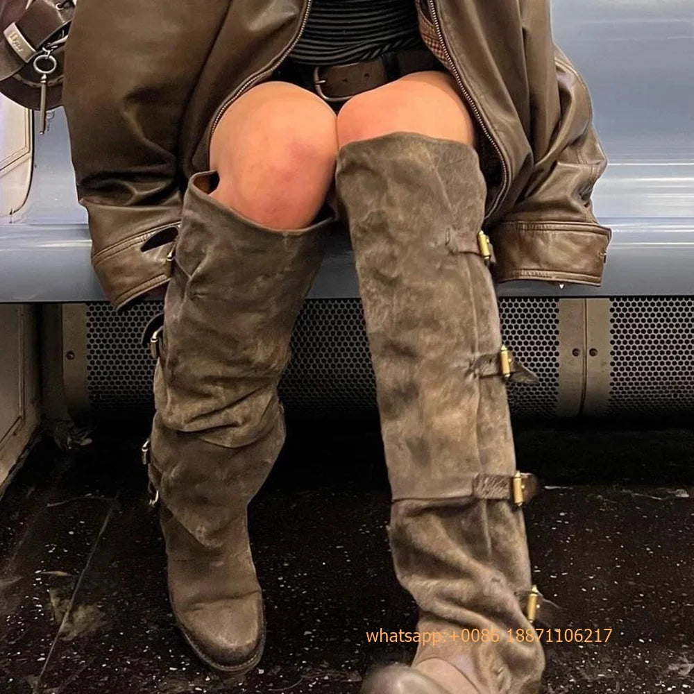 Womens Large Mid Length Retro Boots Buckle Casual Knight Boots For Autumn Winter 2025