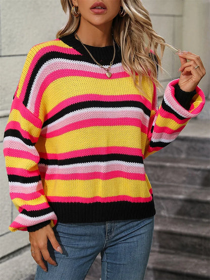 2024 Autumn/Winter Women's Striped O-Neck Sweater: O-Neck, Long Sleeves, Oversized Fit